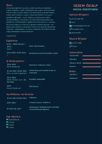Müzik Öğretmeni Cv Örnekleri cv indir